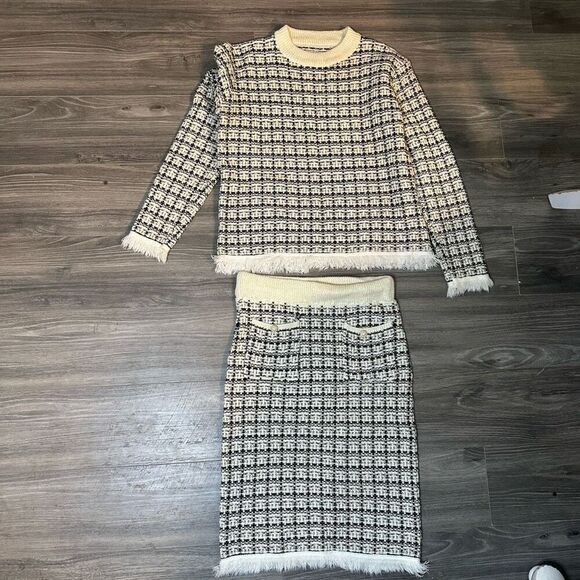 Chic Women’s sexy elegant plaid 2 piece fall winter skirt long sleeve outfit